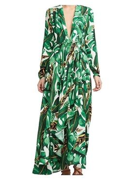 Farm Rio Max Amazonia Long Sleeve Green Tropical Palm Leaf Print Maxi Dress